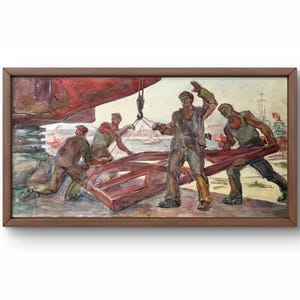 Pintura de acuarela realismo social original, pintura de acuarela sobre cartón, trabajadores en el puerto, arte hecho a mano, sin marco, arte de pared