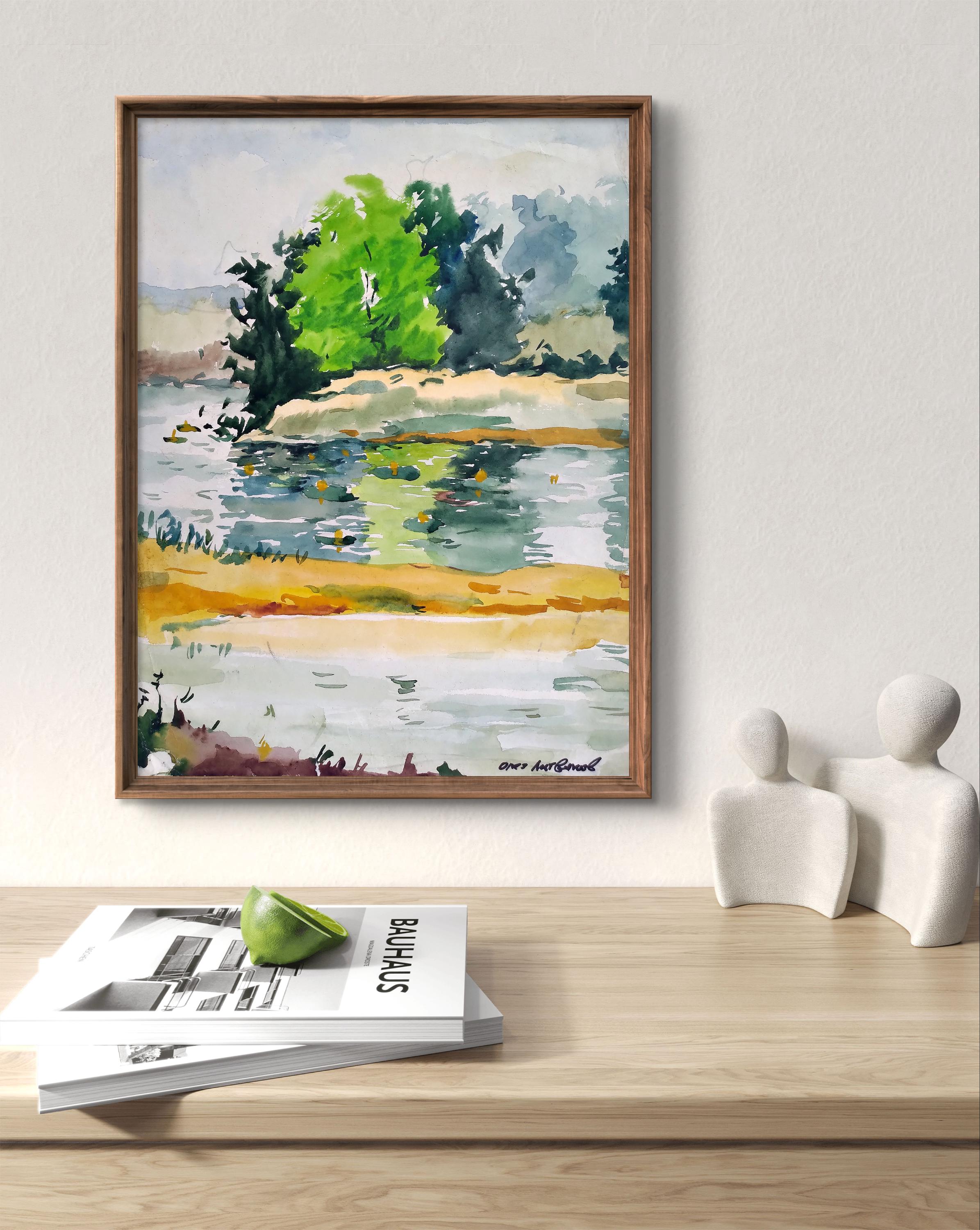 水彩風景画オリジナル、紙に描いた絵画、川の風景、手作りアート、自然
