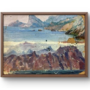Pintura a óleo paisagem original, pintura a óleo sobre papelão, paisagem marinha com montanhas e litoral, arte feita à mão, sem moldura, arte de parede