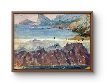 Pintura al óleo paisaje original, pintura al óleo sobre cartón, paisaje marino con montañas y costa, arte hecho a mano, sin marco, arte de pared