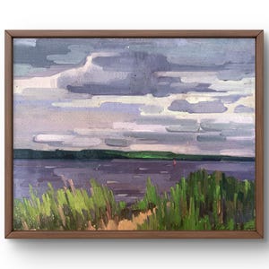 Pintura a óleo paisagem original, pintura em papelão, paisagem de rio, arte artesanal, natureza, sem moldura, cenário de verão, arte de parede