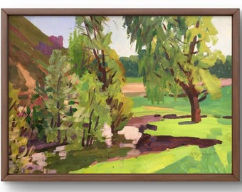 Gouache painting landscape original, painting on paper, forest landscape, handmade art, nature, unframed, river landscape, wall art