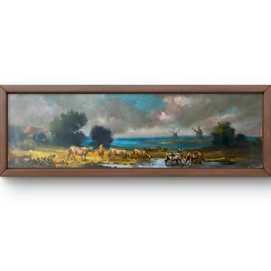 Pintura a óleo paisagem original, pintura a óleo sobre papelão, cena rural tranquila com gado pastando, arte feita à mão, sem moldura, arte de parede