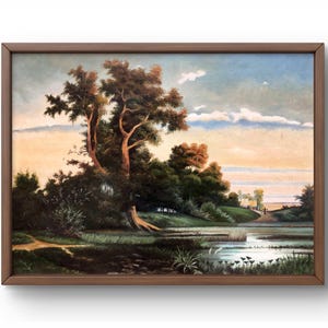 Oil painting landscape original, oil painting on canvas, pond surrounded by greenery and trees, sunset sky, handmade art, unframed, wall art
