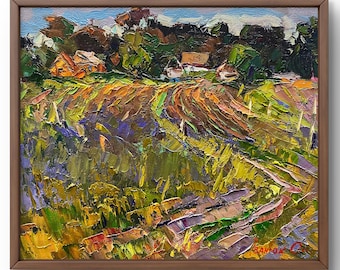 Origineel landschapsolieverfschilderij, olieverfschilderij op canvas, levendige landelijke velden met levendige texturen, handgemaakte kunst, ingelijst, muurkunst
