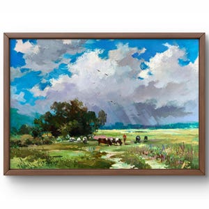 Pintura al óleo paisaje original, pintura sobre cartón, paisaje de verano, arte hecho a mano, naturaleza, sin marco, paisaje de prados, arte de pared