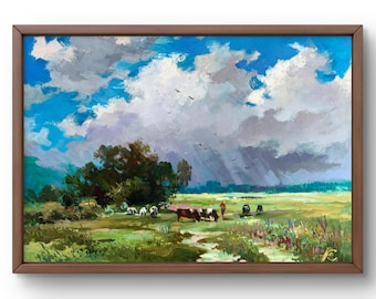 油絵風景画オリジナル、段ボールに描いた絵、夏の風景、手作りアート
