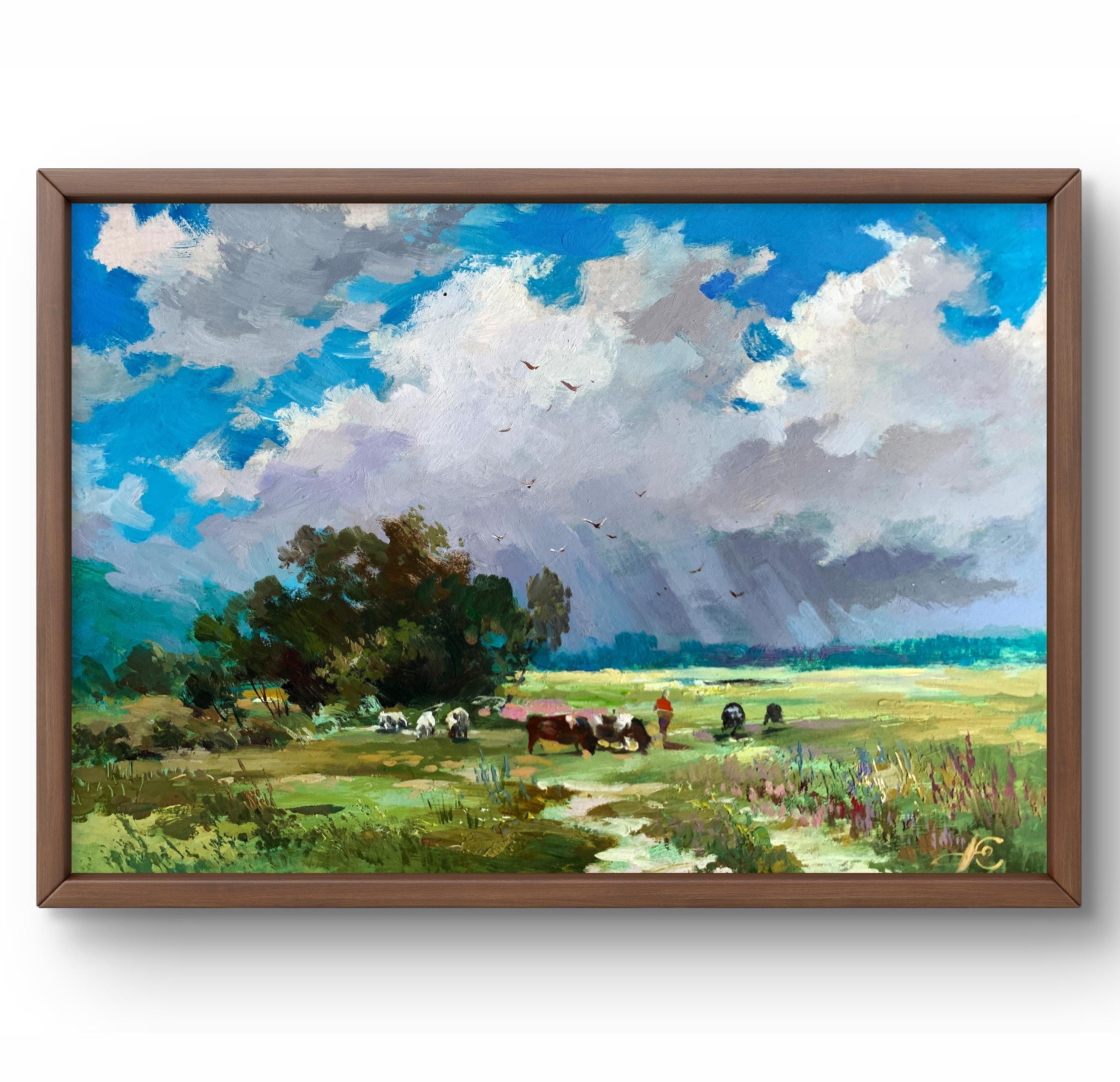 油絵風景画オリジナル、段ボールに描いた絵、夏の風景、手作りアート