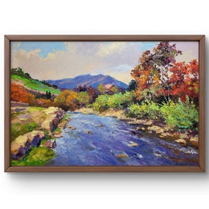 Oil painting landscape original, painting on canvas, mountains landscape, handmade art, nature, unframed, river landscape, wall art
