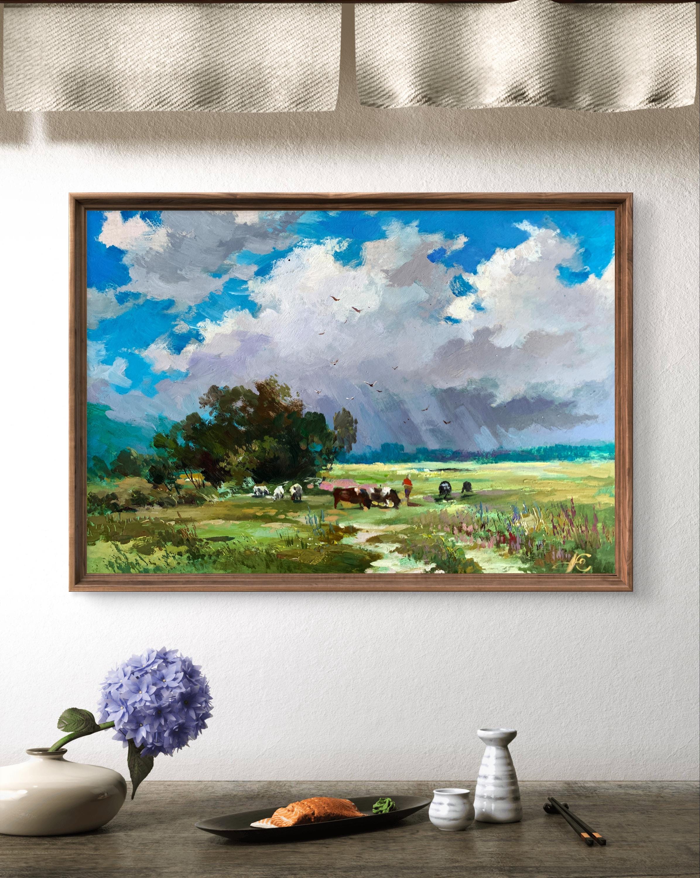 油絵風景画オリジナル、段ボールに描いた絵、夏の風景、手作りアート