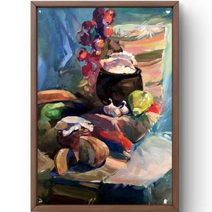 Dipinto a guazzo natura morta originale, carta da pittura, natura morta di cibo, arte fatta a mano, natura, senza cornice, natura morta di pane, arte murale