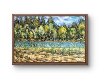 Oil painting landscape original, oil painting, serene coastal scene with lush greenery and river, handmade art, unframed, wall art