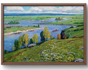 油絵風景画オリジナル、キャンバスに描いた絵画、川の風景、手作り