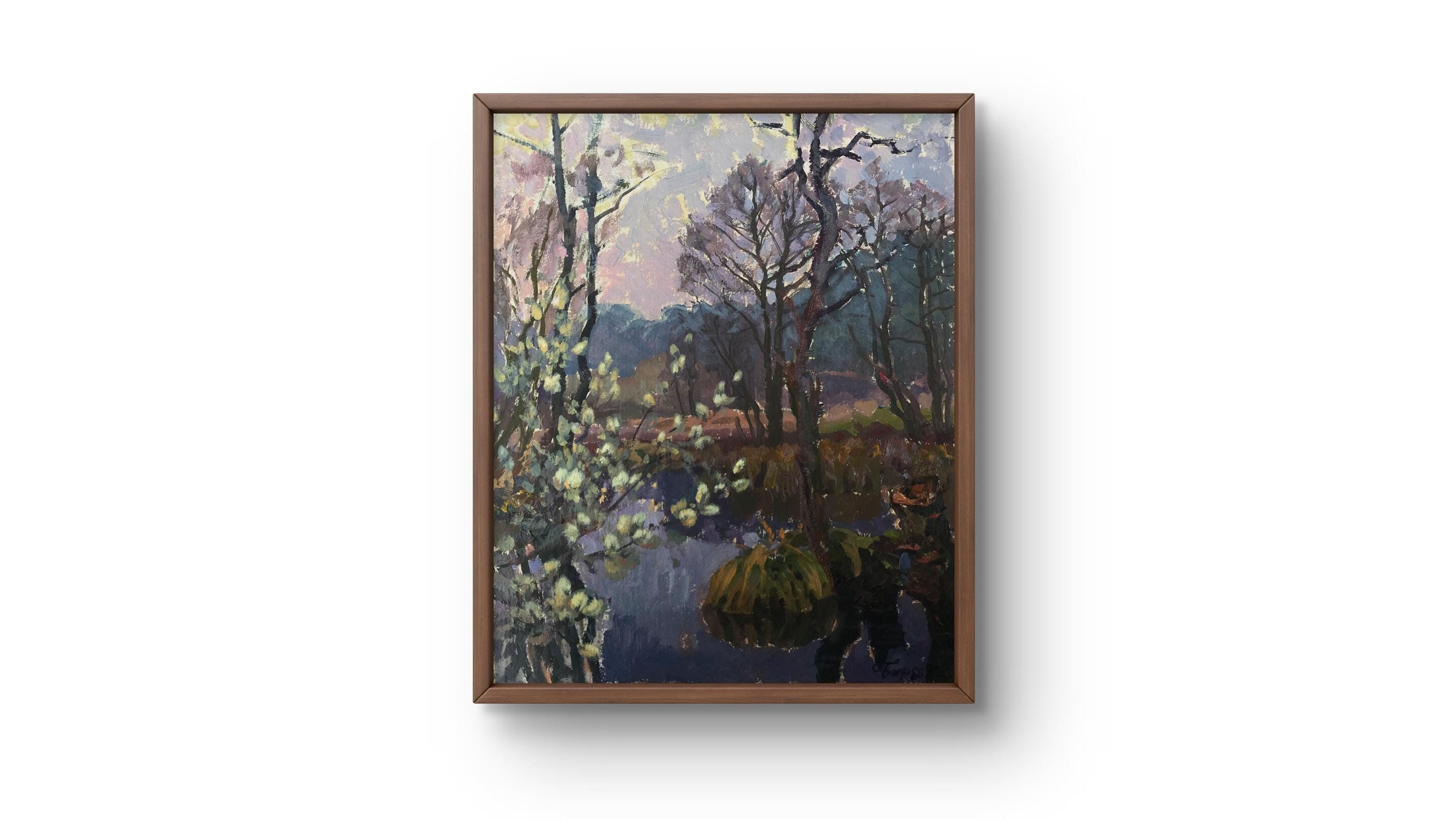 油絵風景画オリジナル、段ボールの油絵、木々に囲まれた穏やかな反射