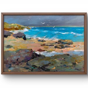 Pintura a óleo paisagem original, pintura a óleo sobre papelão, costa brilhante com ondas quebrando na costa rochosa, arte feita à mão, sem moldura
