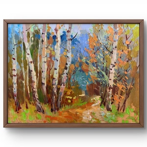 Pintura al óleo paisaje original, pintura sobre cartón, paisaje otoñal, arte hecho a mano, naturaleza, sin marco, paisaje forestal, arte de pared