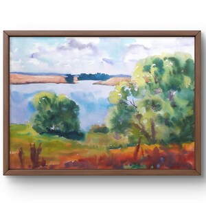 Dipinto ad acquerello paesaggio originale, dipinto su carta, paesaggio fluviale, arte fatta a mano, natura, senza cornice, paesaggio di alberi, arte murale