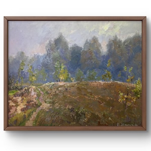 Pintura al óleo paisaje original, pintura al óleo sobre cartón, camino forestal en bosque otoñal al amparo de un cielo brumoso, arte hecho a mano, sin marco