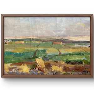 Pintura a óleo paisagem original, pintura a óleo sobre papelão, campo amplo e brilhante com cores suaves e naturais, arte feita à mão, emoldurada