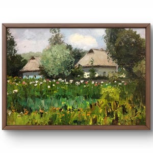 Pintura al óleo paisaje original, óleo sobre cartón, casas rurales, día de verano, huerto con flores, arte hecho a mano, enmarcado