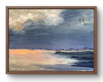 Watercolor painting landscape original, painting on paper, sea landscape, handmade art, nature, unframed, evening landscape, wall art