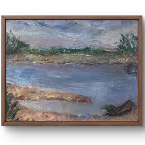 Pintura al óleo paisaje original, pintura al óleo sobre cartón, paisaje de orilla verde de río azul de verano, arte hecho a mano, sin marco, arte de pared