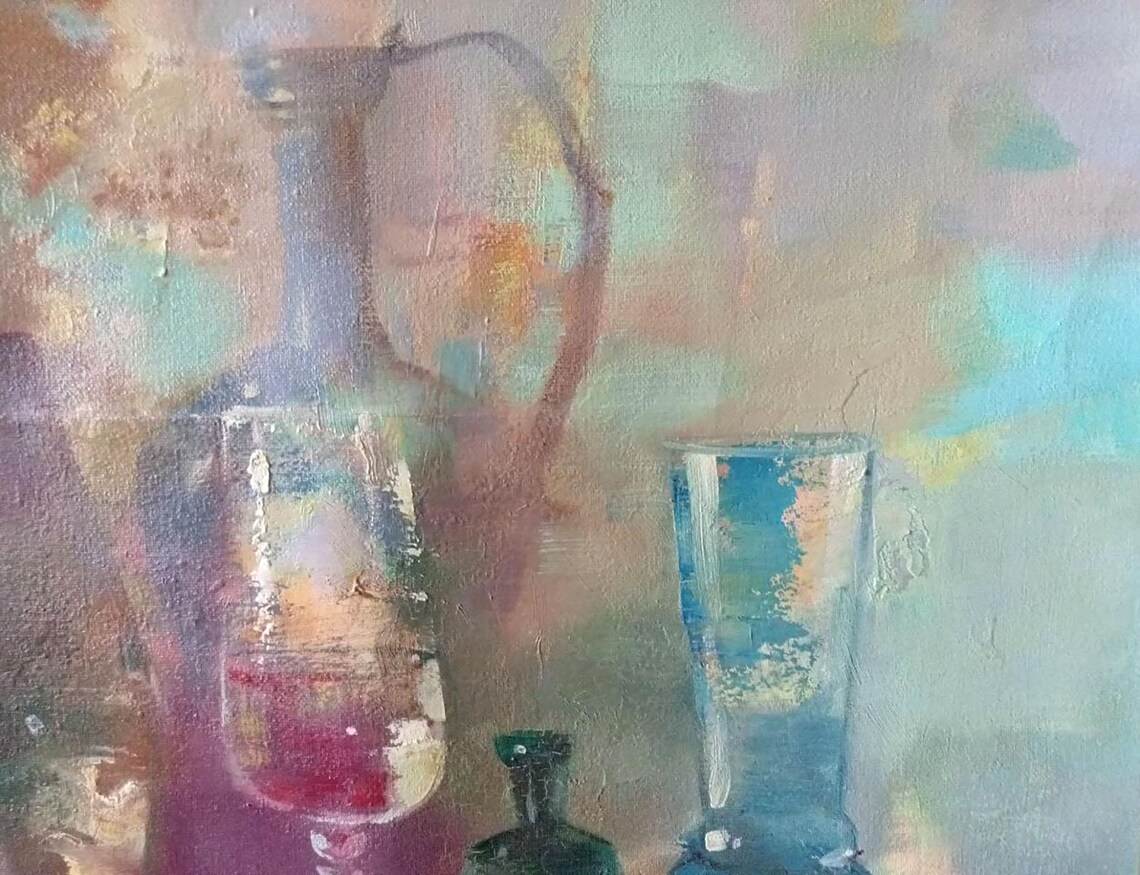 Oil Painting Still Life Original, Oil Painting, Bright Glass Vessels