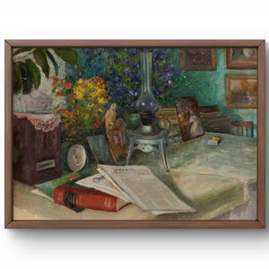Pintura al óleo bodegón original, óleo sobre cartón, escena con mesa decorada con libros y flores, arte hecho a mano, enmarcado