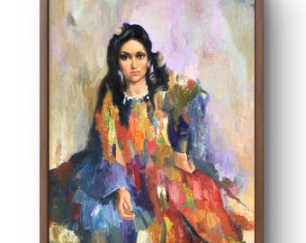 油絵の肖像画（オリジナル）、キャンバスに描いた油絵、伝統的な衣装を