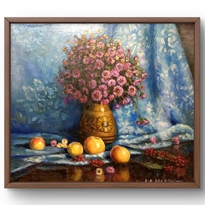 Oil painting still life original, oil painting on canvas, pink flowers, ceramic vase, apples on a blue tablecloth, handmade art, framed