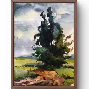 Dipinto ad acquerello paesaggio originale, dipinto su carta, paesaggio di alberi, arte fatta a mano, natura, senza cornice, paesaggio di campo, arte murale