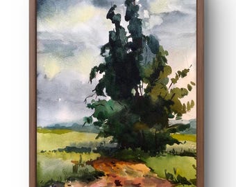 Watercolor painting landscape original, painting on paper, trees landscape, handmade art, nature, unframed, field landscape, wall art
