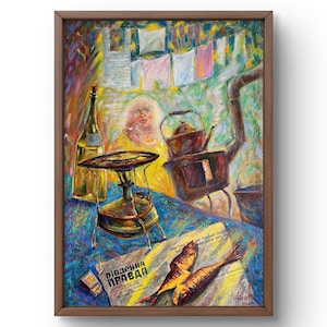 Ölgemälde Stillleben original, Ölgemälde auf Leinwand, helle Komposition mit Tischdekoration, Fisch, handgemachte Kunst, ungerahmt, Wandkunst