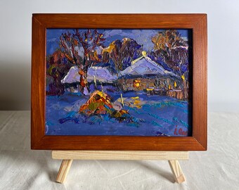 Winter Village Oil Painting: Snowy Rural Landscape, Handmade Art
