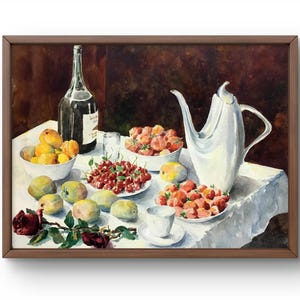 Dipinto ad acquerello natura morta originale, dipinto ad acquerello su carta, natura morta con frutta, bottiglia di vino, arte fatta a mano, senza cornice