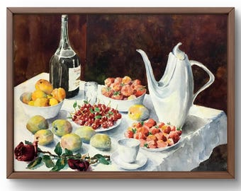 Pintura de acuarela de bodegón original, pintura de acuarela sobre papel, bodegón con frutas, botella de vino, arte hecho a mano, sin marco