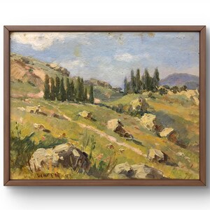 Oil painting landscape original, oil painting on cardboard, hilly rural landscape with scattered rocks, handmade art, unframed, wall art