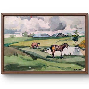 Dipinto ad acquerello paesaggio originale, dipinto su carta, paesaggio di campo, arte fatta a mano, natura, senza cornice, paesaggio di cavalli, arte murale