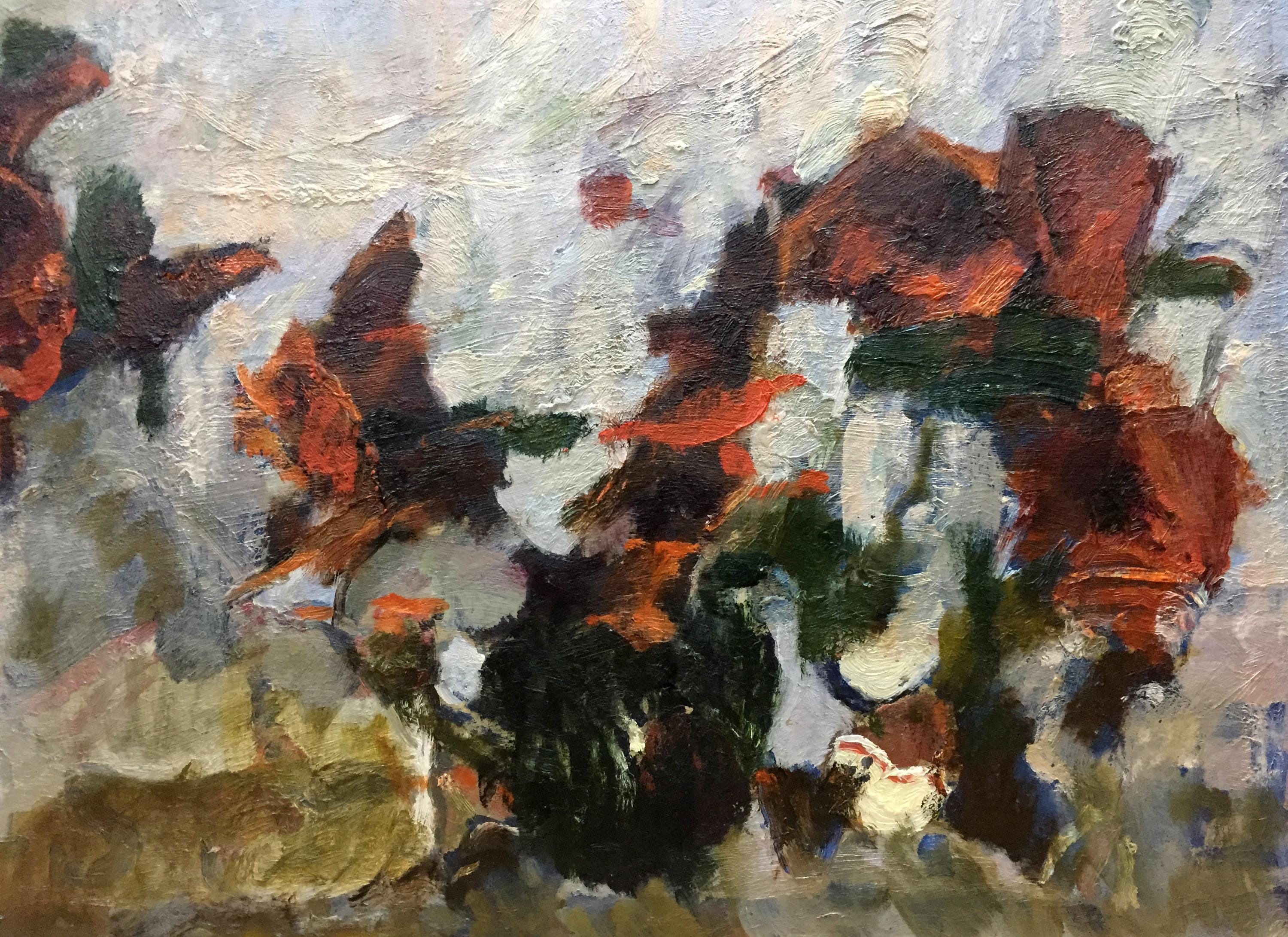 油絵抽象オリジナル、段ボールの油絵、明るいストロークの抽象的な秋の