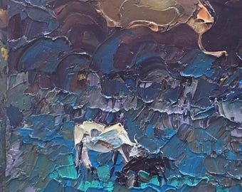 油絵風景画、深い青、紫、茶色のパレットを使用したオリジナルの油絵の