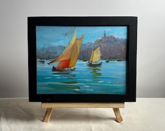 Original Oil Painting Seascape: Sailboat Art on Cardboard (15x20 cm, Unframed)