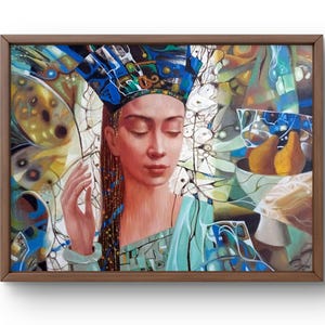 Oil painting abstract original, oil painting, figure with closed eyes surrounded by a vibrant surreal composition, handmade art, unframed