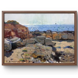 Pintura al óleo paisaje original, pintura al óleo sobre cartón, costa rocosa junto al mar en calma con cielo despejado, arte hecho a mano, sin marco, arte de pared