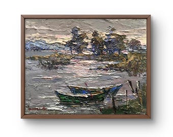 Serene River Scene - Original Oil Painting on Canvas, Two Boats by the Water, Unframed Art