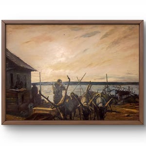 Pintura a óleo paisagem original, pintura a óleo sobre papelão, cena rural ao pôr do sol com homem e veado, arte feita à mão, sem moldura, arte de parede