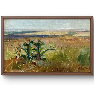 Pintura al óleo original de paisaje, pintura al óleo sobre cartón, paisaje rural sereno con un río apacible, arte hecho a mano, enmarcado, arte de pared