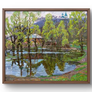 Oil painting landscape original, oil painting on canvas, tranquil spring scene with lush green trees, handmade art, framed, wall art