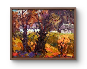 Pintura al óleo de paisaje original, pintura sobre lienzo, paisaje otoñal, arte hecho a mano, naturaleza, sin marco, paisaje forestal, arte mural.