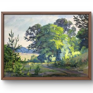 Pintura al óleo paisaje original, pintura al óleo sobre cartón, paisaje de verano con árboles soleados y camino, arte hecho a mano, sin marco, arte de pared