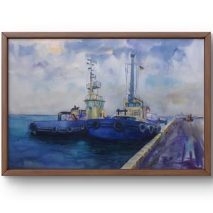 Dipinto ad acquerello paesaggio originale, dipinto su carta, paesaggio marino, arte fatta a mano, natura, senza cornice, paesaggio di barche, arte murale